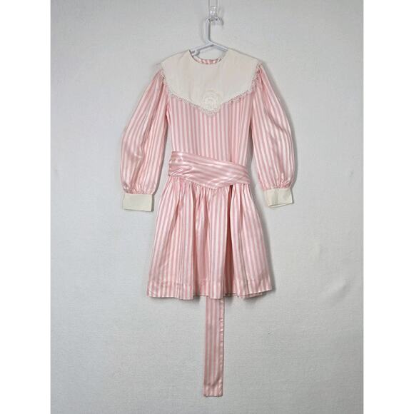 VTG Bonnie Jean Satin Dress Sz 8 Pink White Striped Long Sleeve Collar Lace - Picture 14 of 14
